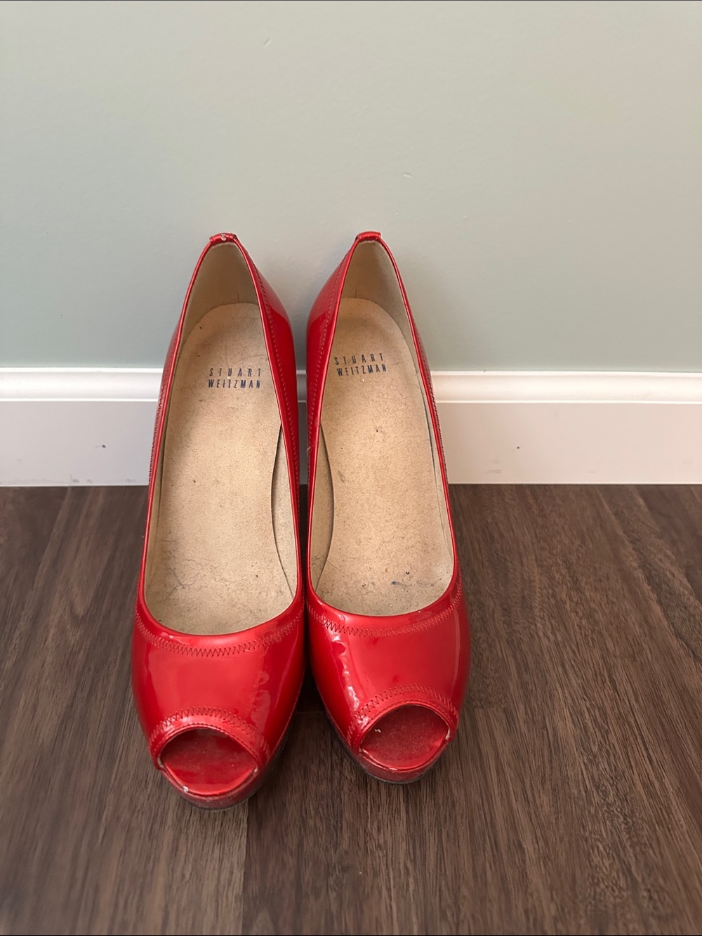 Stuart Weitzman Red Patent Peep-Toe Heels